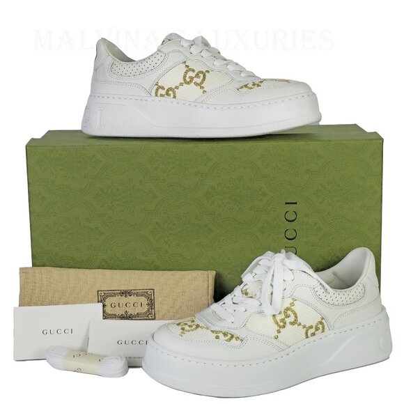 GUCCI SNEAKERS CHUNKY WHITE LEATHER GG LOGO GOLD LAME SHOES sz 36 6 - Picture 4 of 15